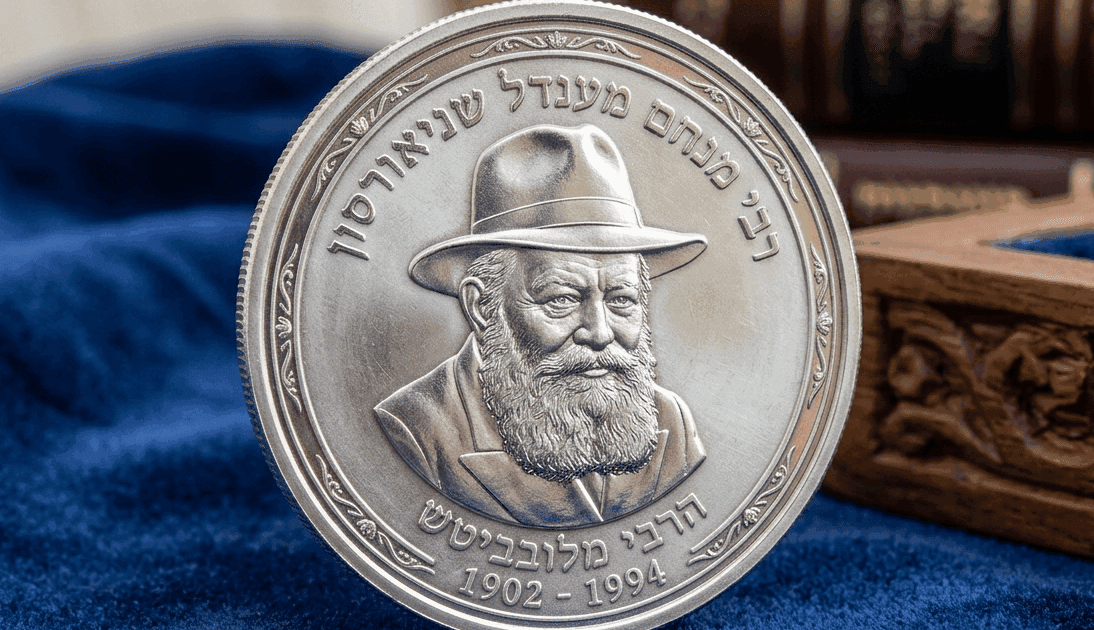 Illustration of a silver coin depicting the Lubavitcher Rebbe on blue velvet